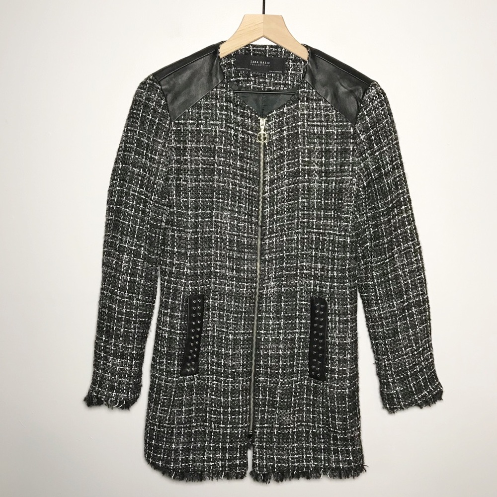 Zara Full Zip Faux Leather Studded Fringe Tweed Coat Jacket in Black S